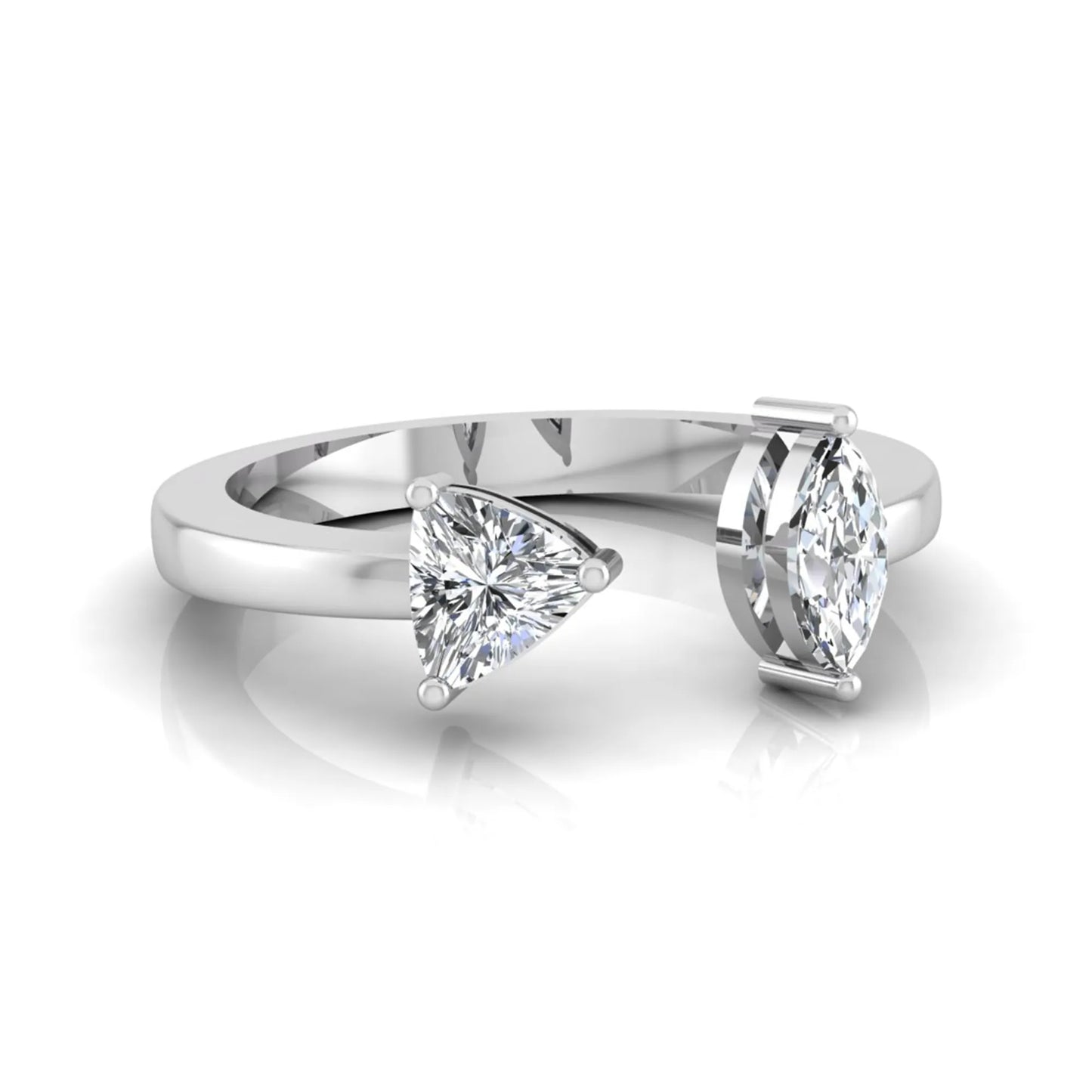 Marquise and trillion cut lab grown diamond Toi et Moi ring with an elegant open contemporary design in white gold