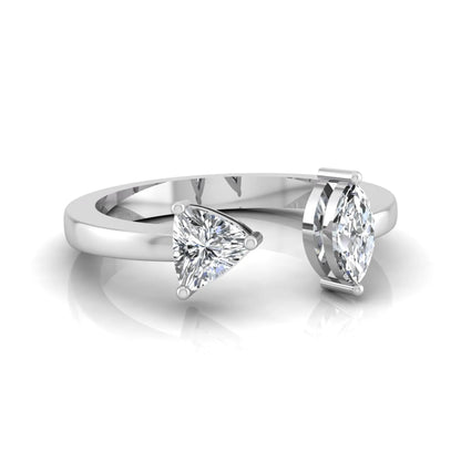 Marquise and trillion cut lab grown diamond Toi et Moi ring with an elegant open contemporary design in white gold