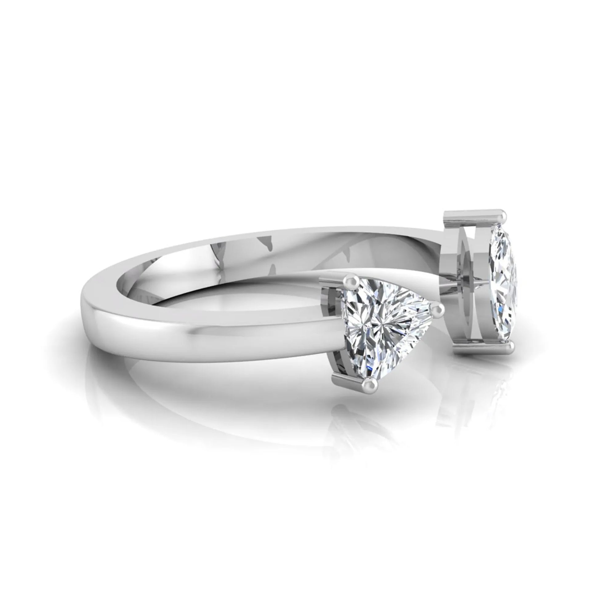 Marquise and trillion cut lab grown diamond Toi et Moi ring with an elegant open contemporary design in white gold