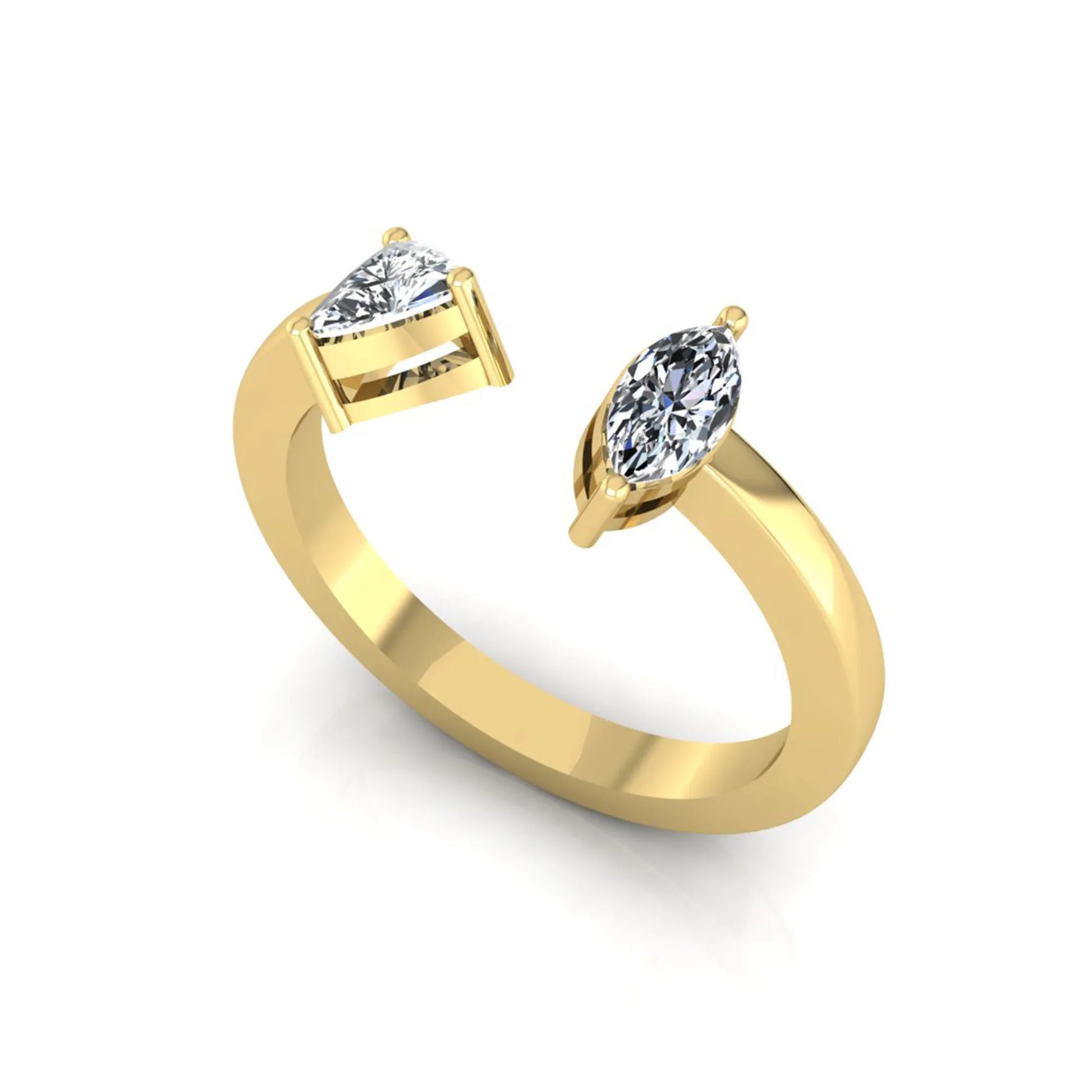 Marquise and trillion cut lab grown diamond Toi et Moi ring with an elegant open contemporary design in yellow gold