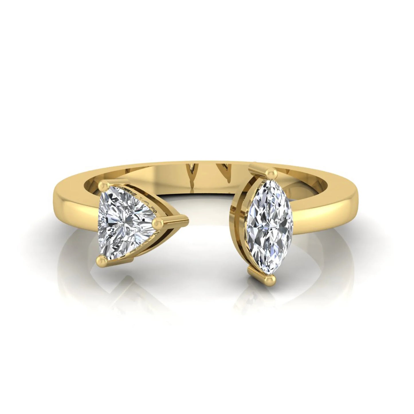 Marquise and trillion cut lab grown diamond Toi et Moi ring with an elegant open contemporary design in yellow gold
