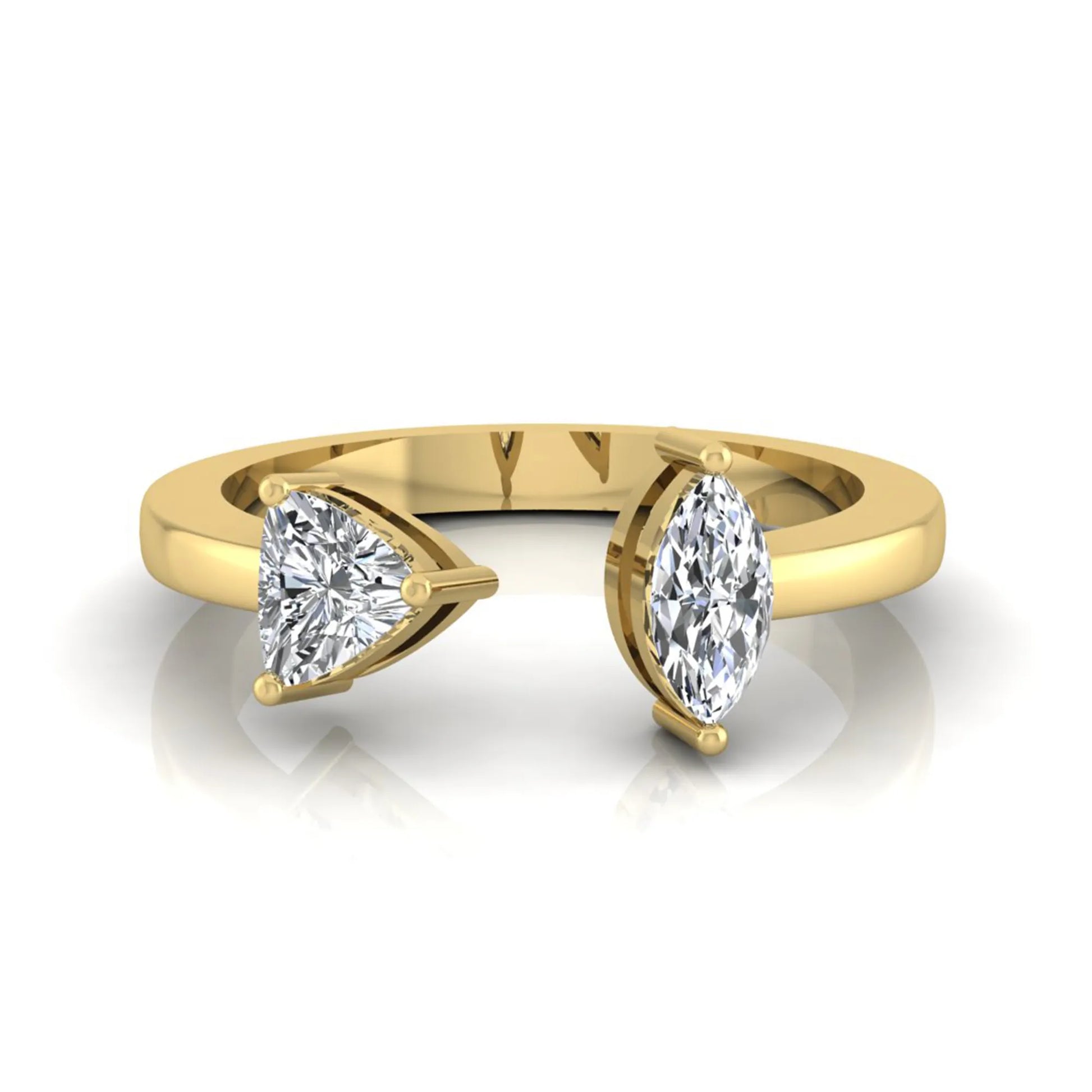 Marquise and trillion cut lab grown diamond Toi et Moi ring with an elegant open contemporary design in yellow gold