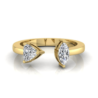 Marquise and trillion cut lab grown diamond Toi et Moi ring with an elegant open contemporary design in yellow gold