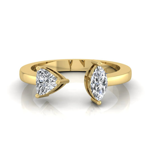 Marquise and trillion cut lab grown diamond Toi et Moi ring with an elegant open contemporary design in yellow gold