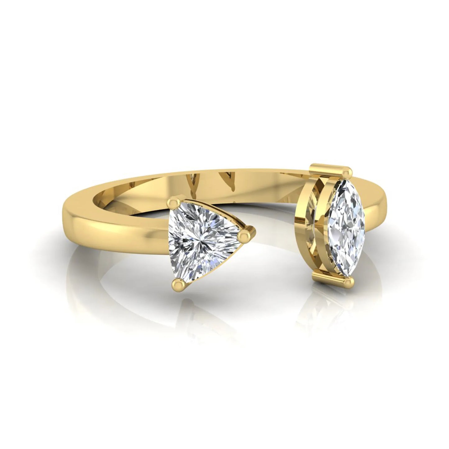 Marquise and trillion cut lab grown diamond Toi et Moi ring with an elegant open contemporary design in yellow gold