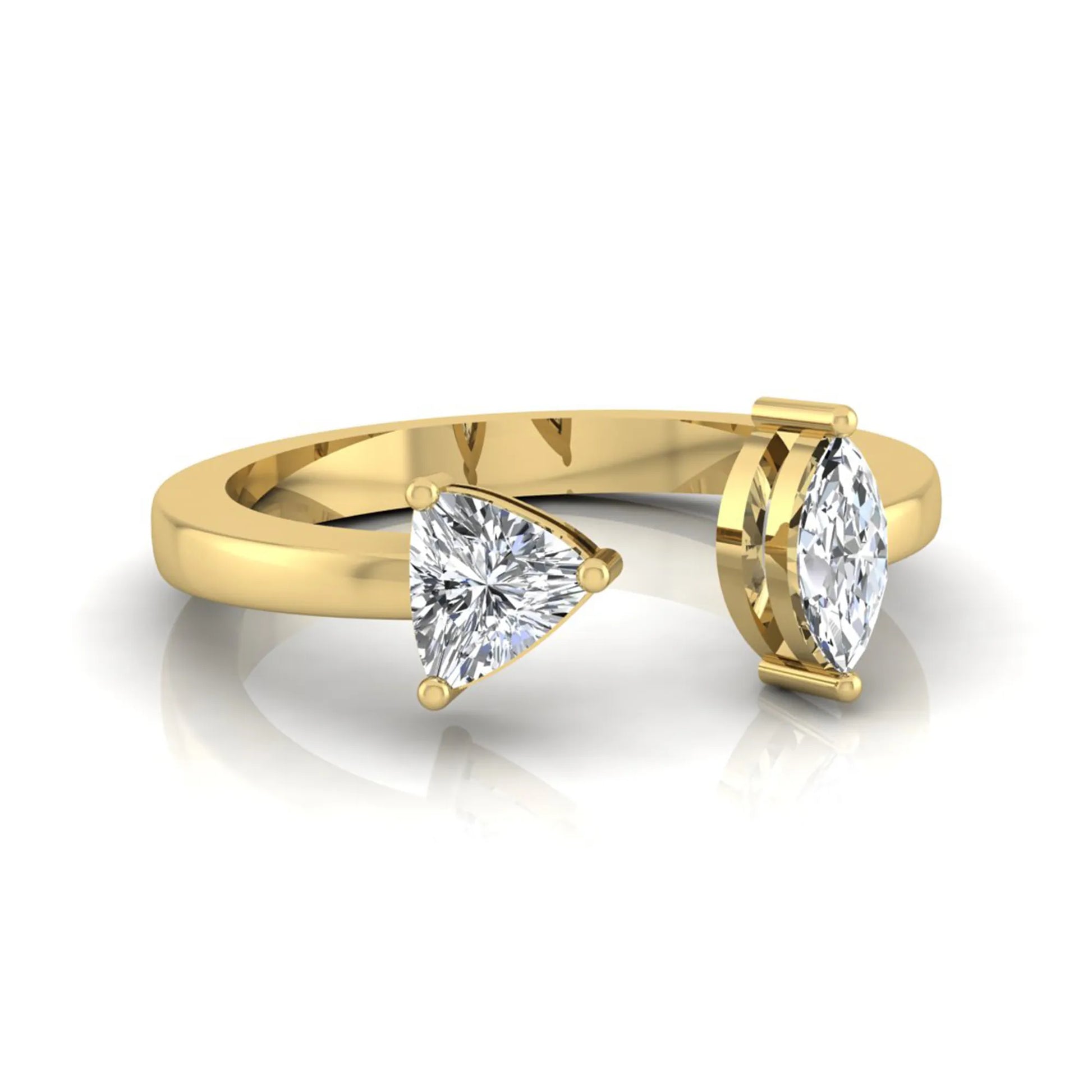Marquise and trillion cut lab grown diamond Toi et Moi ring with an elegant open contemporary design in yellow gold