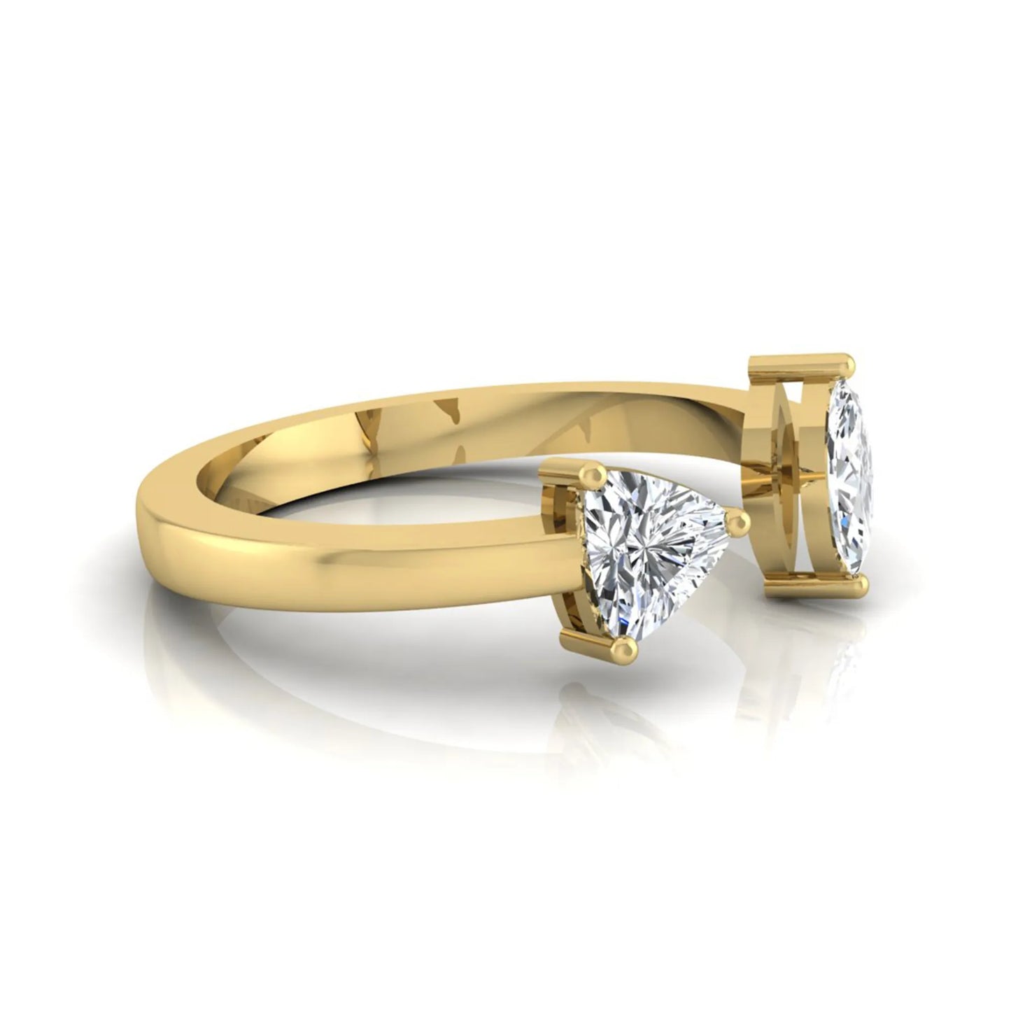 Marquise and trillion cut lab grown diamond Toi et Moi ring with an elegant open contemporary design in yellow gold