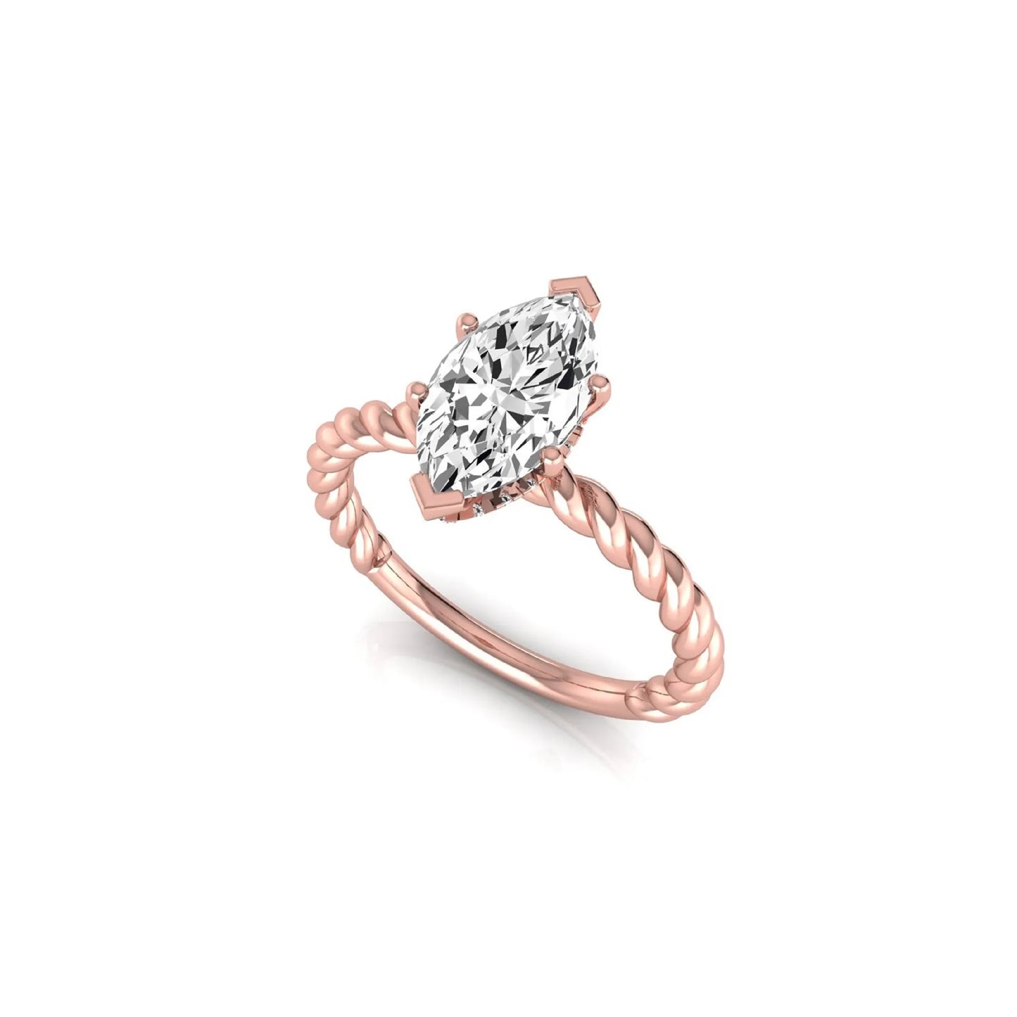 Marquise cut lab grown diamond engagement ring with a twisted band and hidden round accent diamonds in rose gold style.