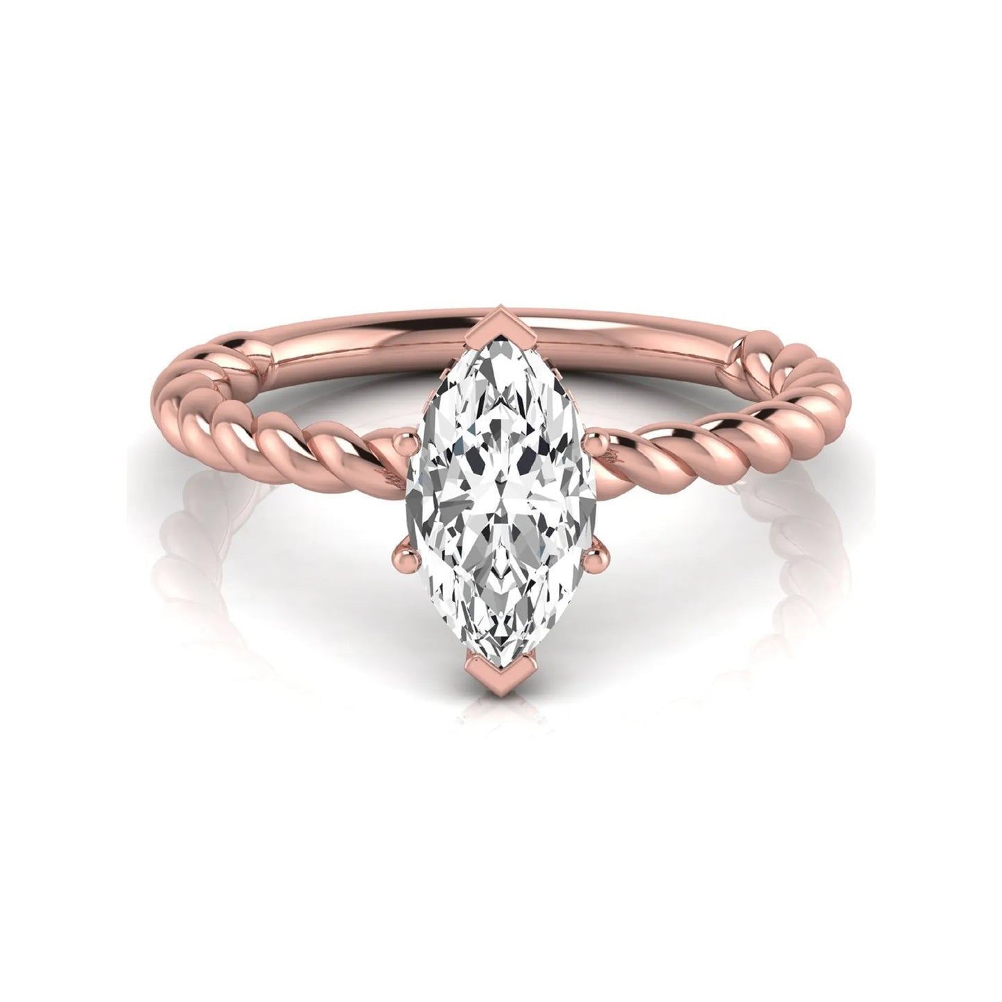 Marquise cut lab grown diamond engagement ring with a twisted band and hidden round accent diamonds in rose gold style.