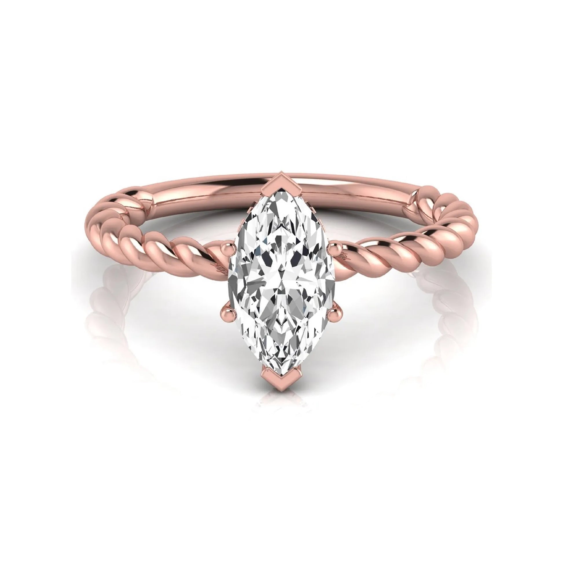 Marquise cut lab grown diamond engagement ring with a twisted band and hidden round accent diamonds in rose gold style.