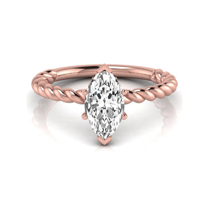 Marquise cut lab grown diamond engagement ring with a twisted band and hidden round accent diamonds in rose gold style.
