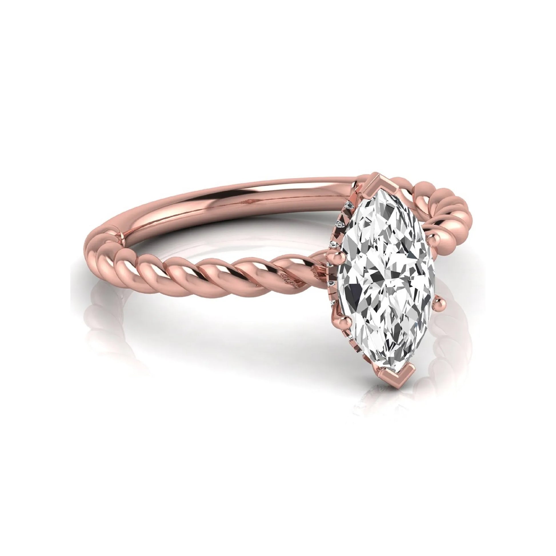 Marquise cut lab grown diamond engagement ring with a twisted band and hidden round accent diamonds in rose gold style.