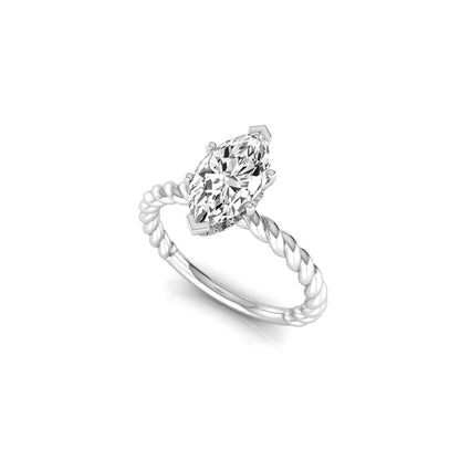 Marquise cut lab grown diamond engagement ring with a twisted band and hidden round accent diamonds in white gold style.