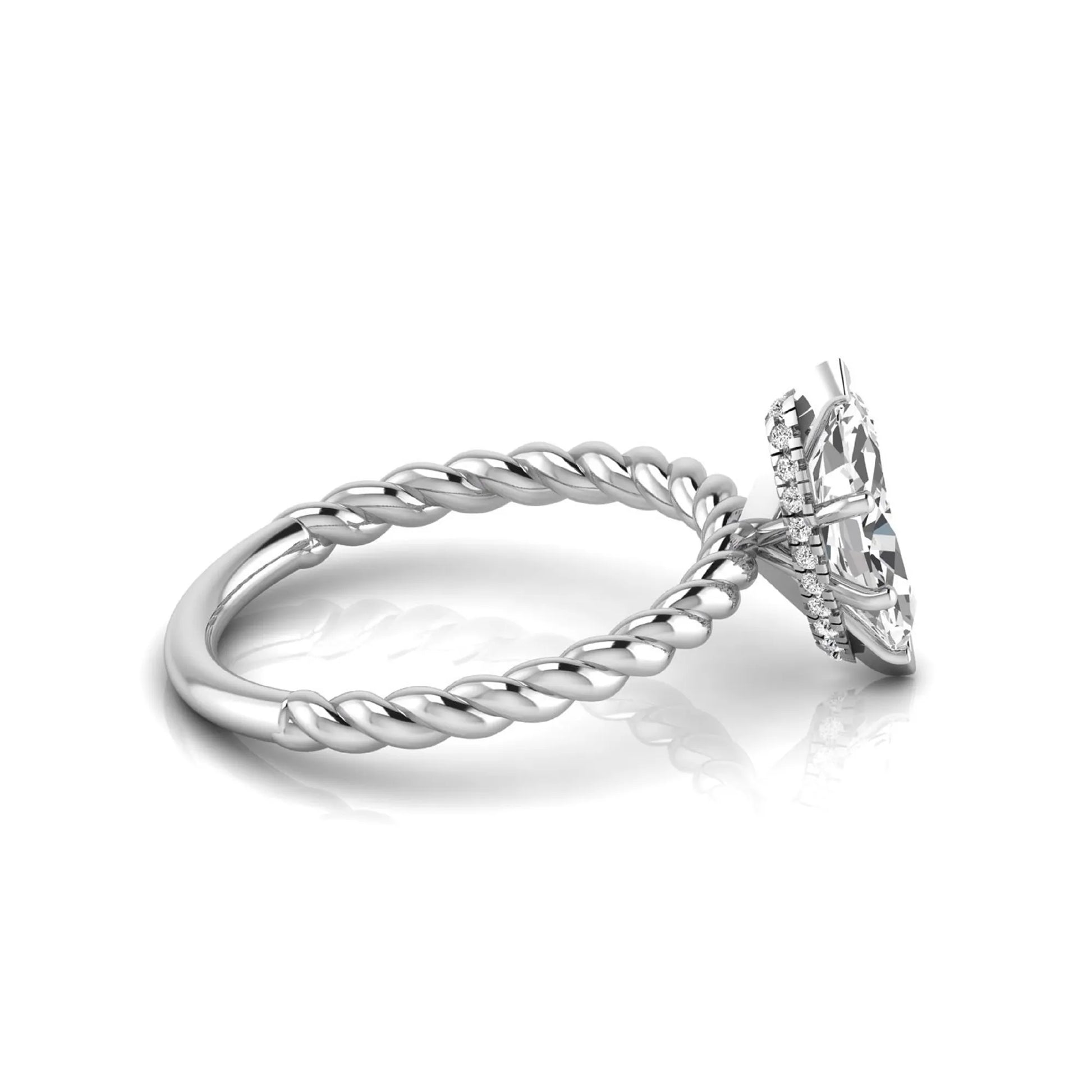 Marquise cut lab grown diamond engagement ring with a twisted band and hidden round accent diamonds in white gold style.