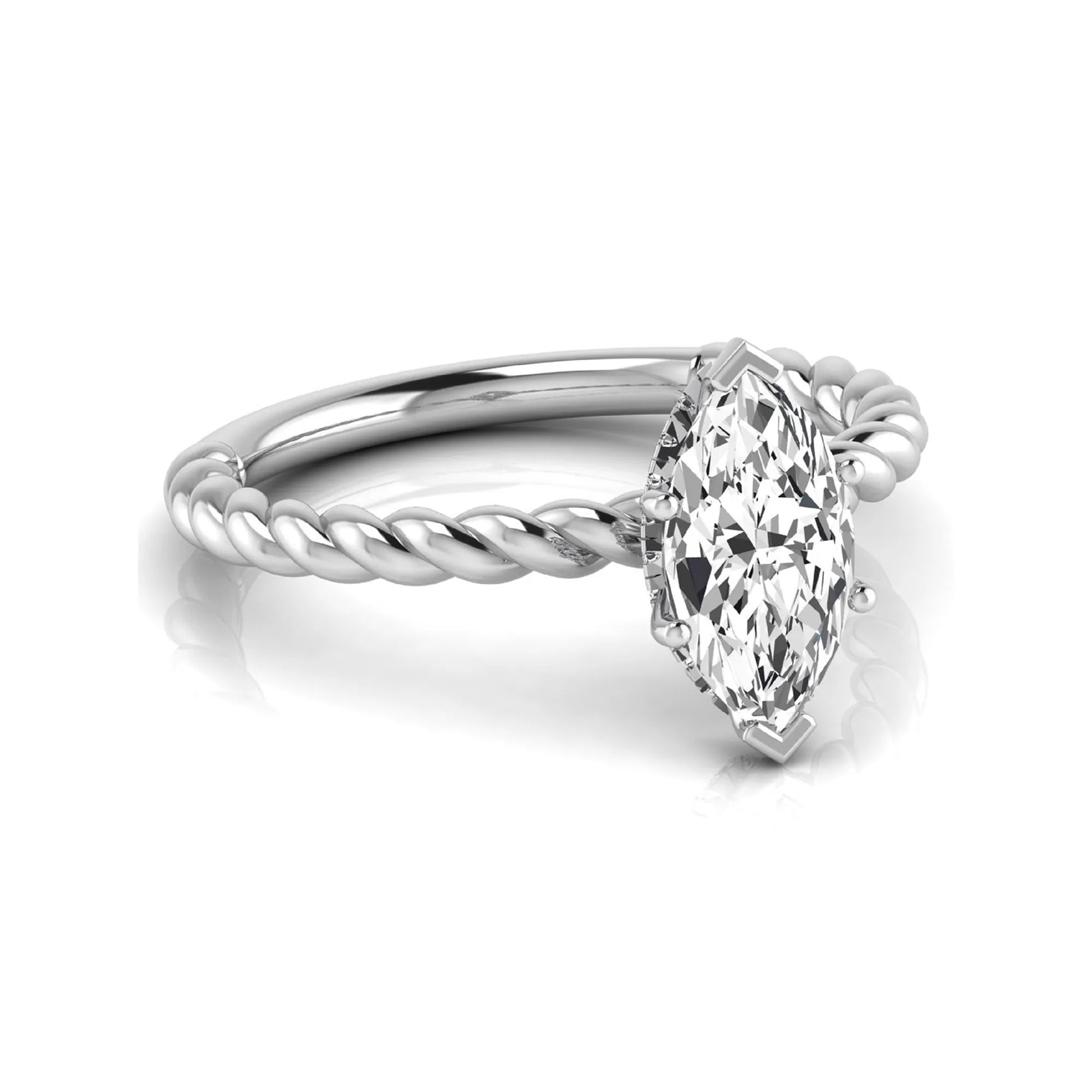 Marquise cut lab grown diamond engagement ring with a twisted band and hidden round accent diamonds in white gold style.