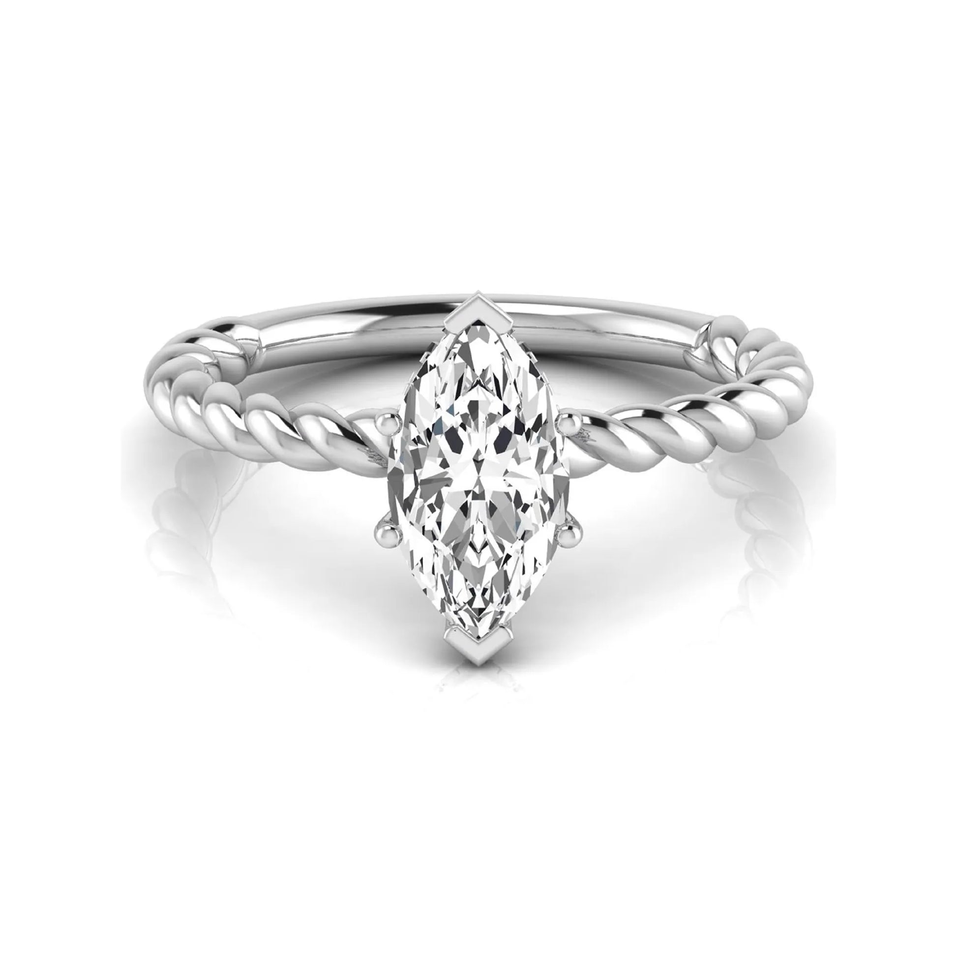 Marquise cut lab grown diamond engagement ring with a twisted band and hidden round accent diamonds in white gold style.