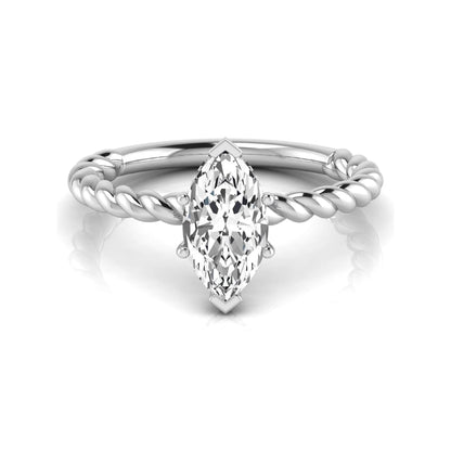 Marquise cut lab grown diamond engagement ring with a twisted band and hidden round accent diamonds in white gold style.