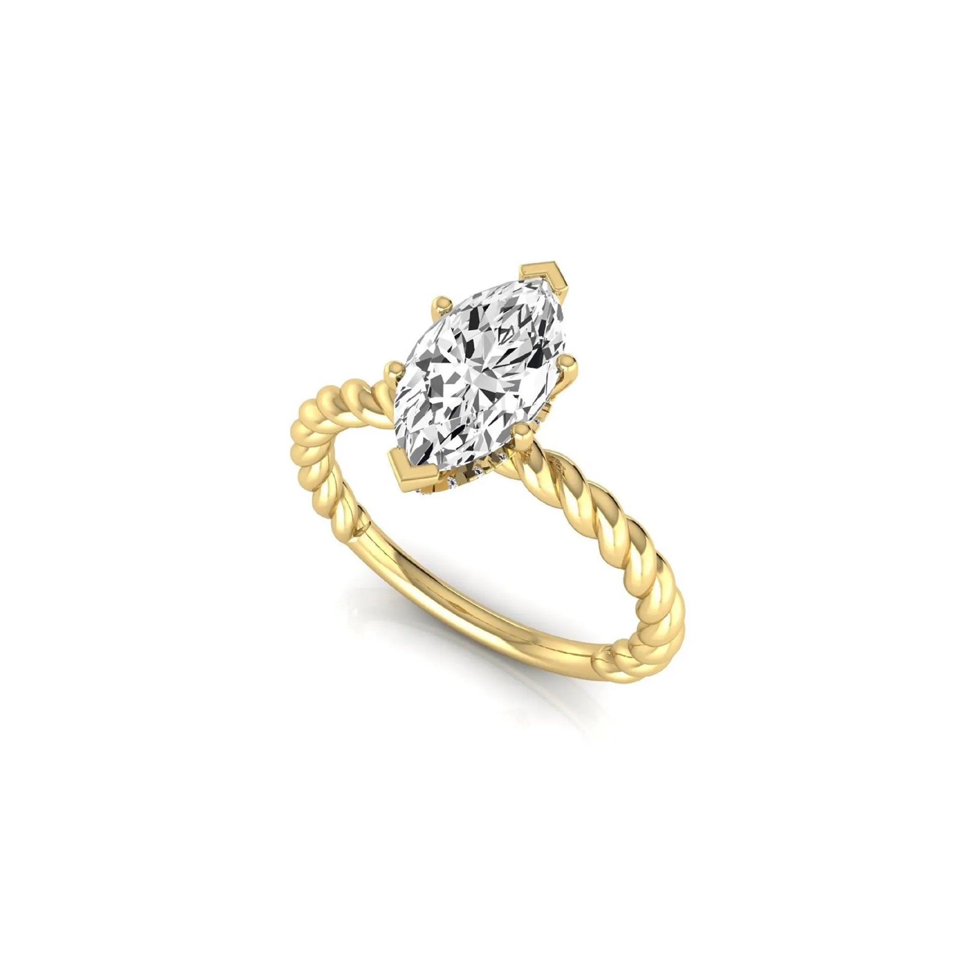 Marquise cut lab grown diamond engagement ring with a twisted band and hidden round accent diamonds in yellow gold style.