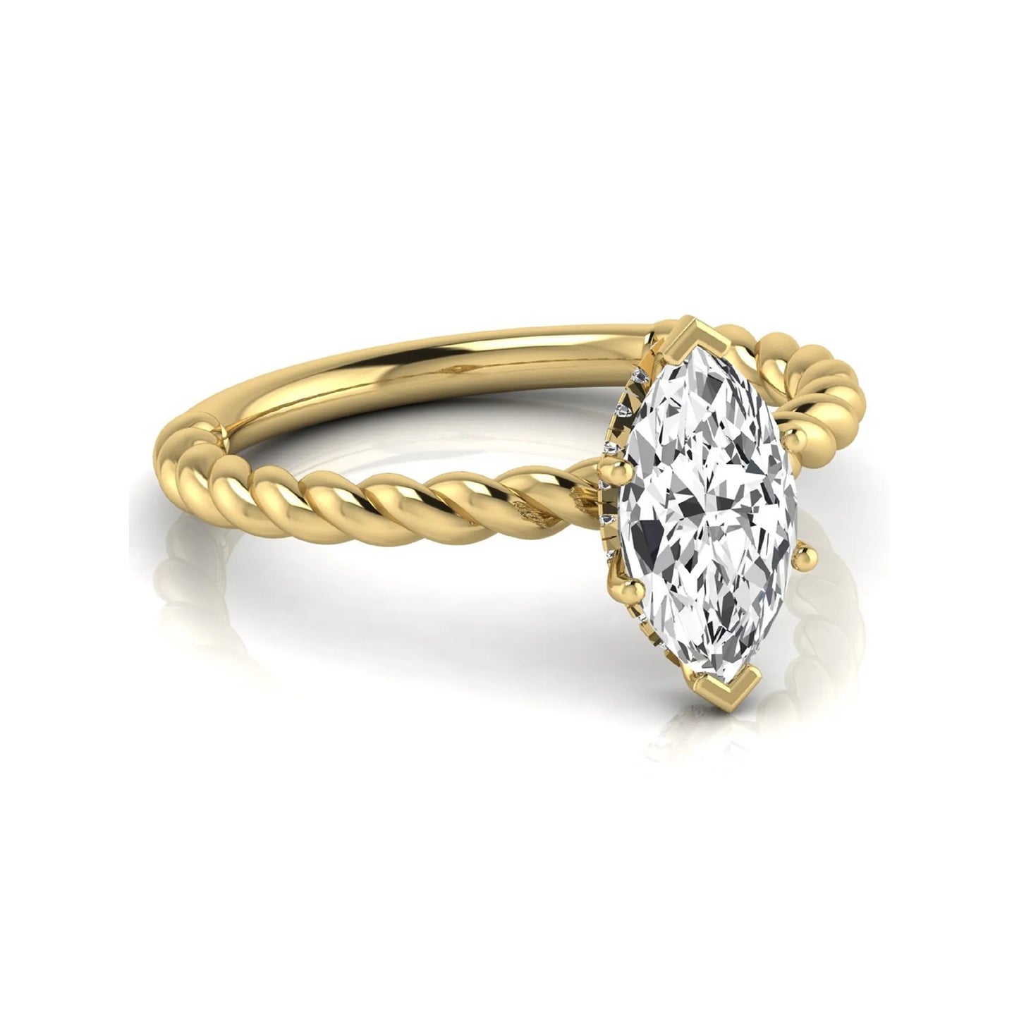 Marquise cut lab grown diamond engagement ring with a twisted band and hidden round accent diamonds in yellow gold style.