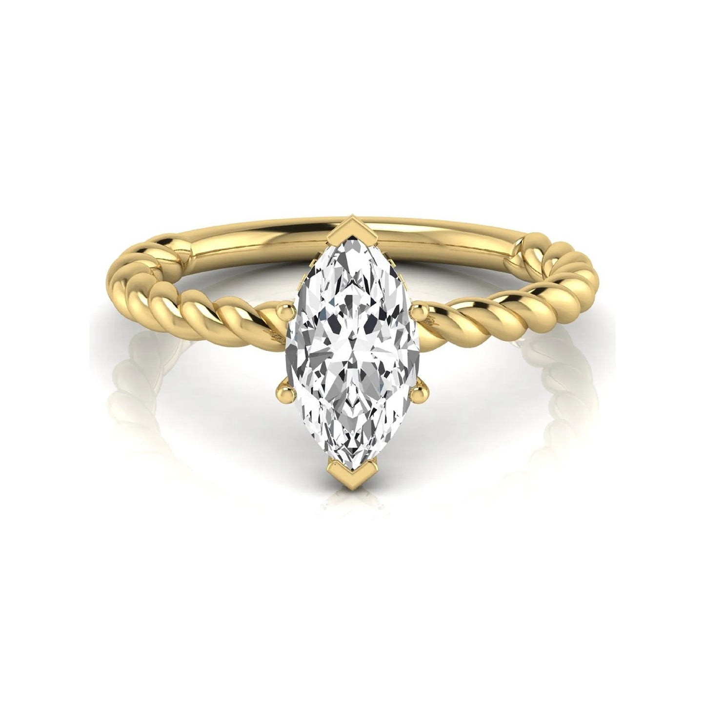 Marquise cut lab grown diamond engagement ring with a twisted band and hidden round accent diamonds in yellow gold style.