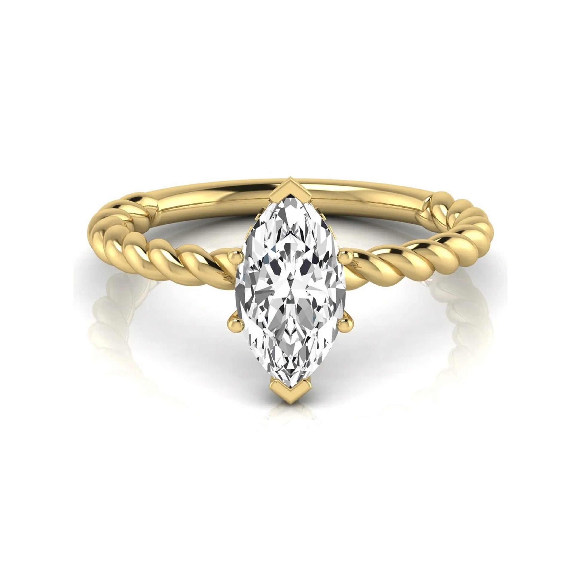 Marquise cut lab grown diamond engagement ring with a twisted band and hidden round accent diamonds in yellow gold style.