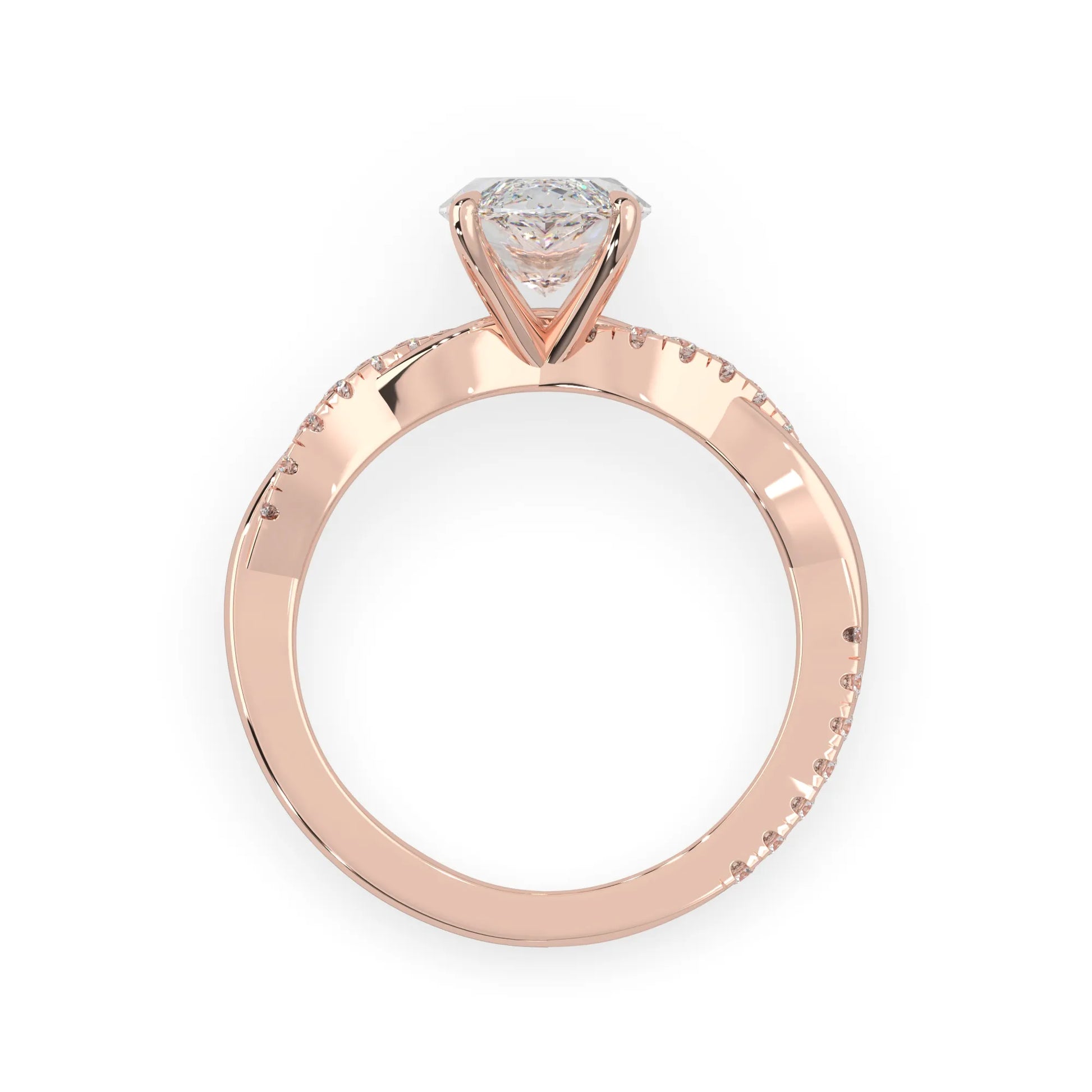 marquise brilliant lab grown diamond engagement ring with prong setting and twisted pavé diamond band in rose gold tone