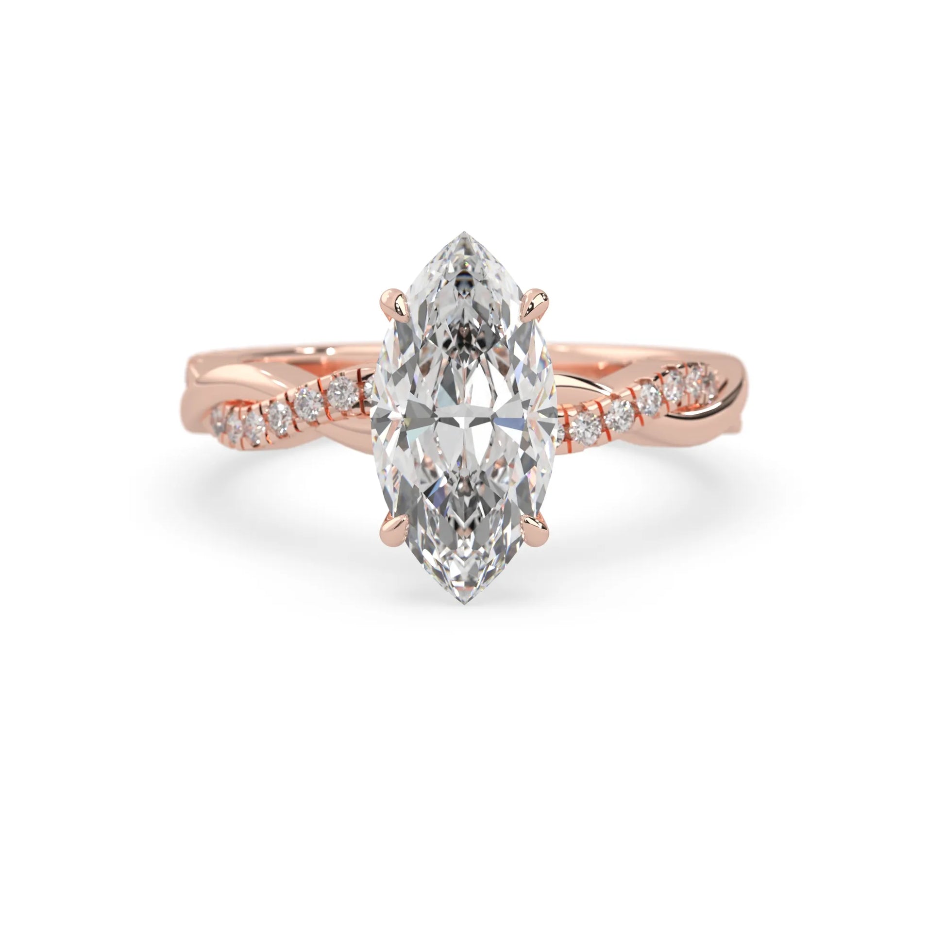 marquise brilliant lab grown diamond engagement ring with prong setting and twisted pavé diamond band in rose gold tone