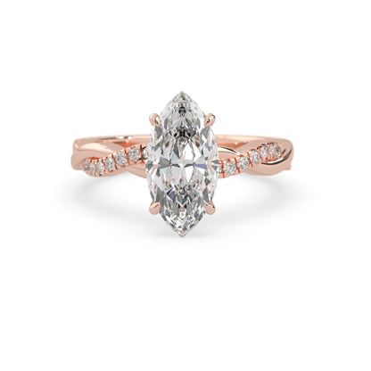 marquise brilliant lab grown diamond engagement ring with prong setting and twisted pavé diamond band in rose gold tone