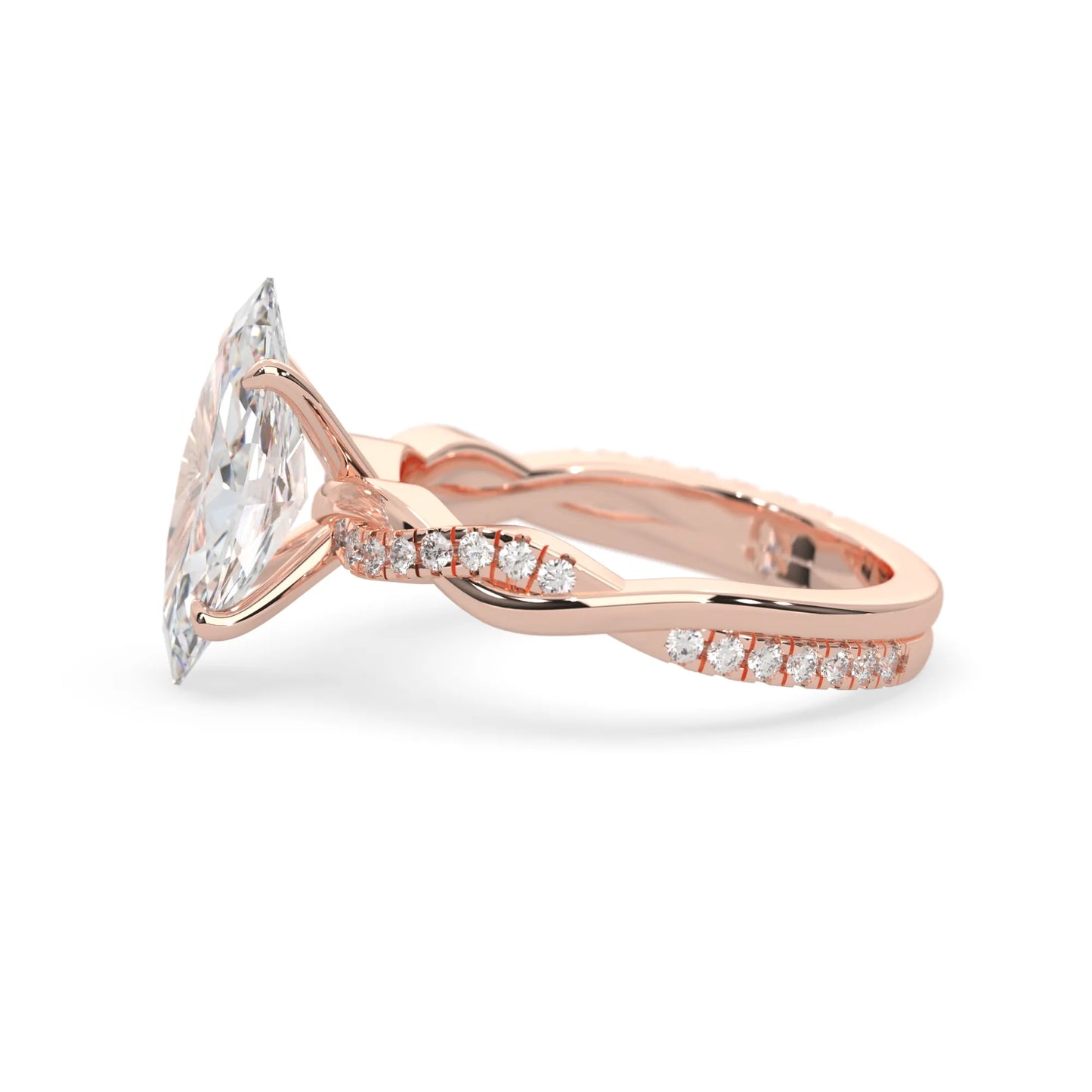 marquise brilliant lab grown diamond engagement ring with prong setting and twisted pavé diamond band in rose gold tone