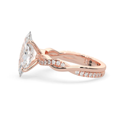marquise brilliant lab grown diamond engagement ring with prong setting and twisted pavé diamond band in rose gold tone