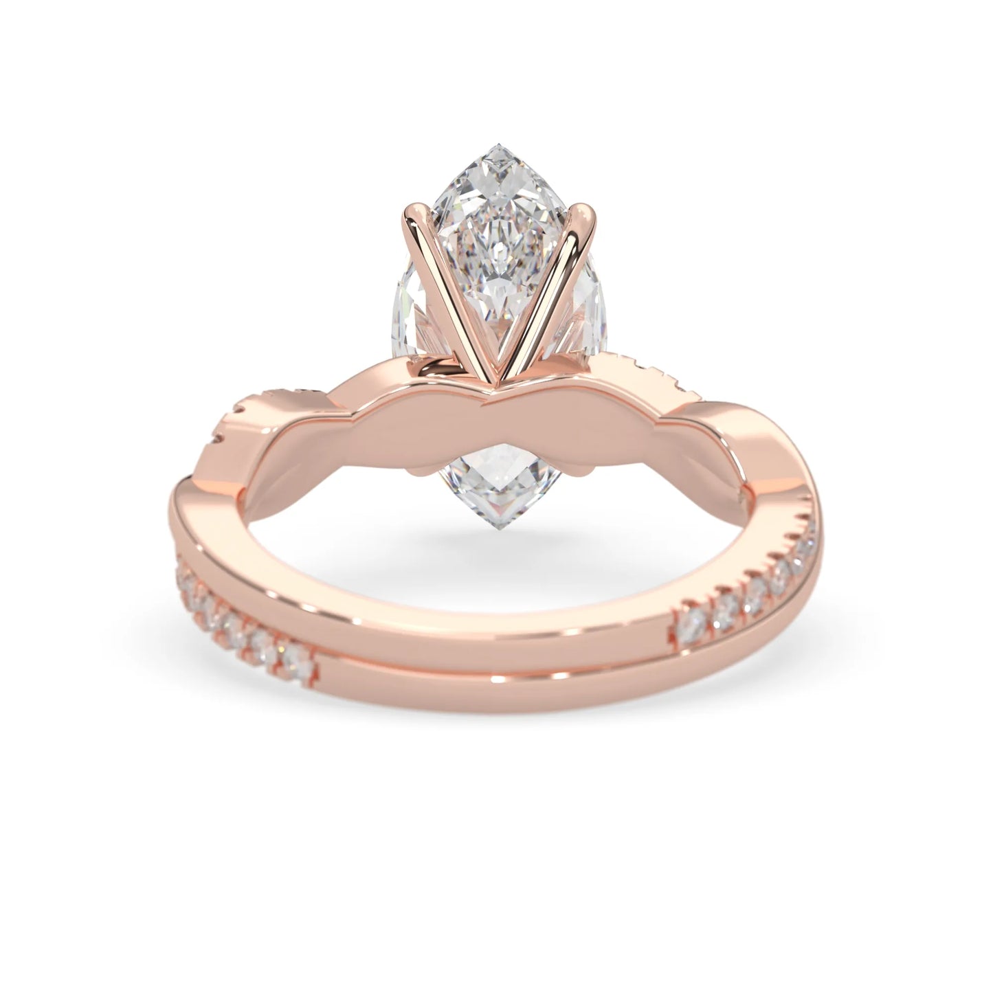 marquise brilliant lab grown diamond engagement ring with prong setting and twisted pavé diamond band in rose gold tone
