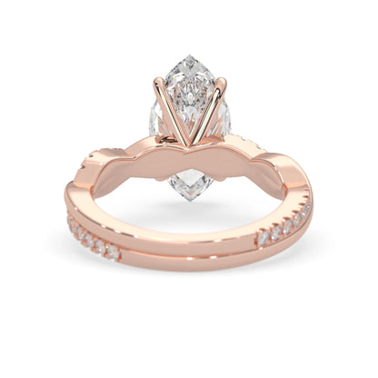 marquise brilliant lab grown diamond engagement ring with prong setting and twisted pavé diamond band in rose gold tone
