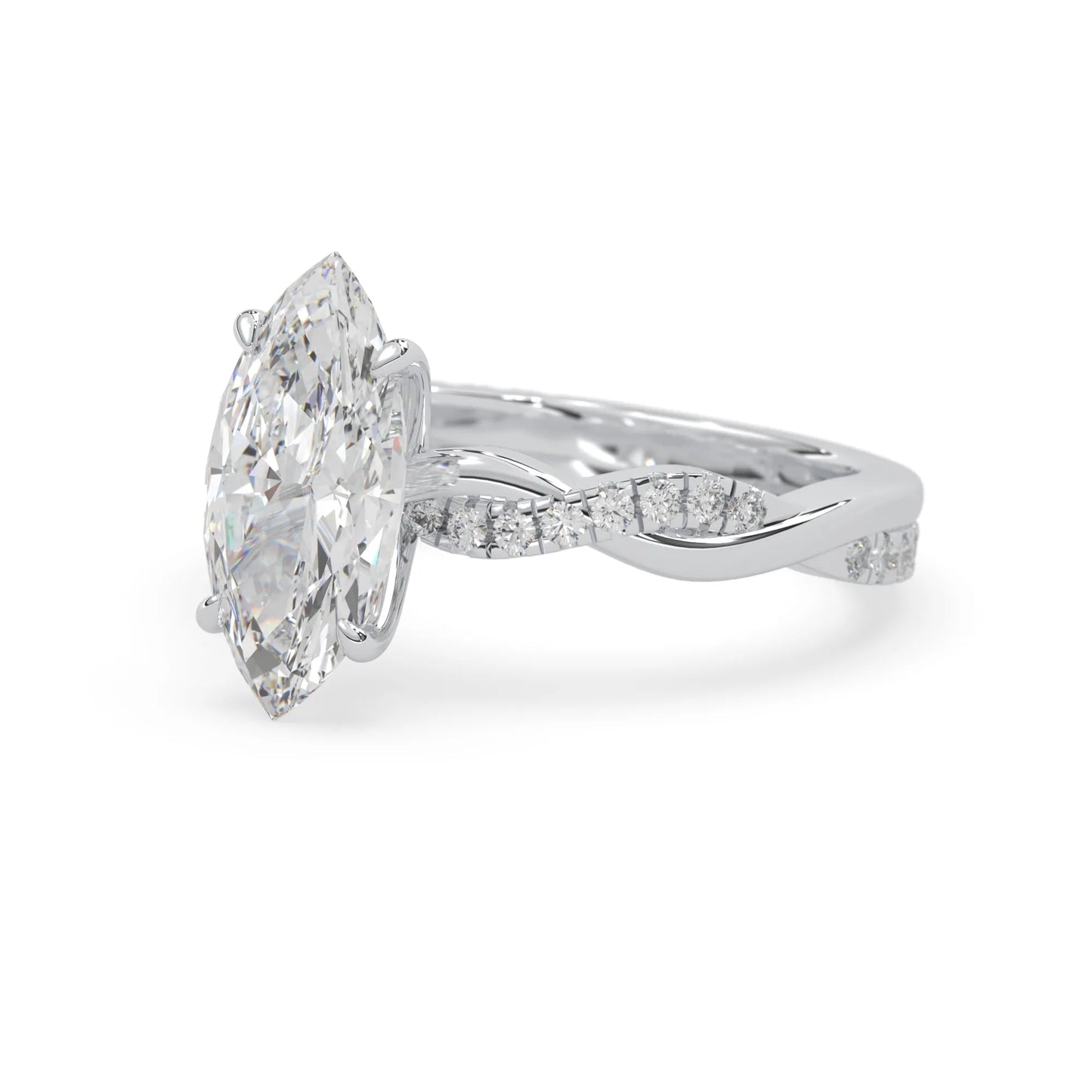 marquise brilliant lab grown diamond engagement ring with prong setting and twisted pavé diamond band in white gold tone