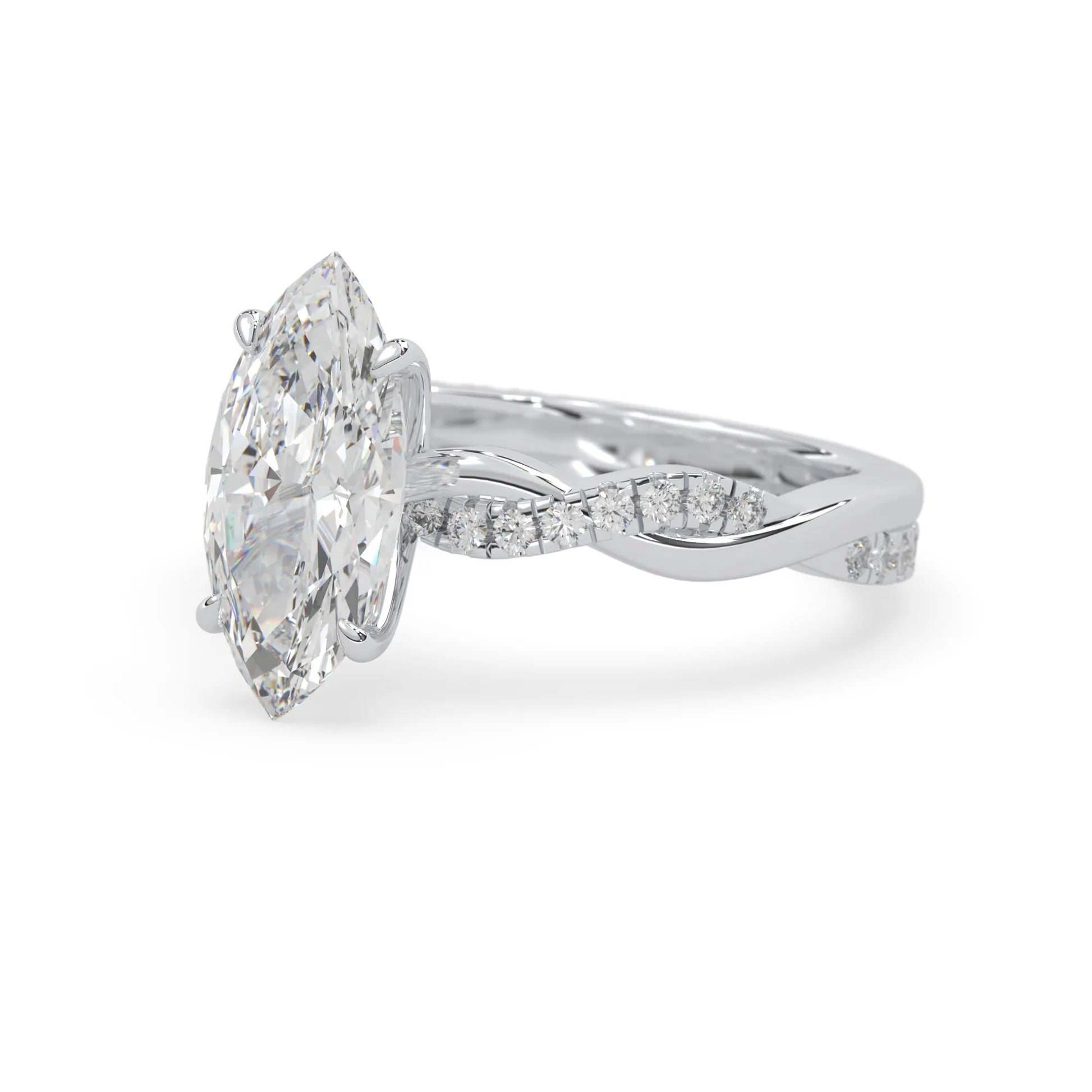 marquise brilliant lab grown diamond engagement ring with prong setting and twisted pavé diamond band in white gold tone