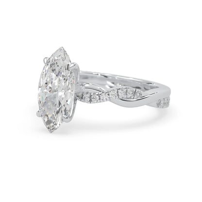 marquise brilliant lab grown diamond engagement ring with prong setting and twisted pavé diamond band in white gold tone