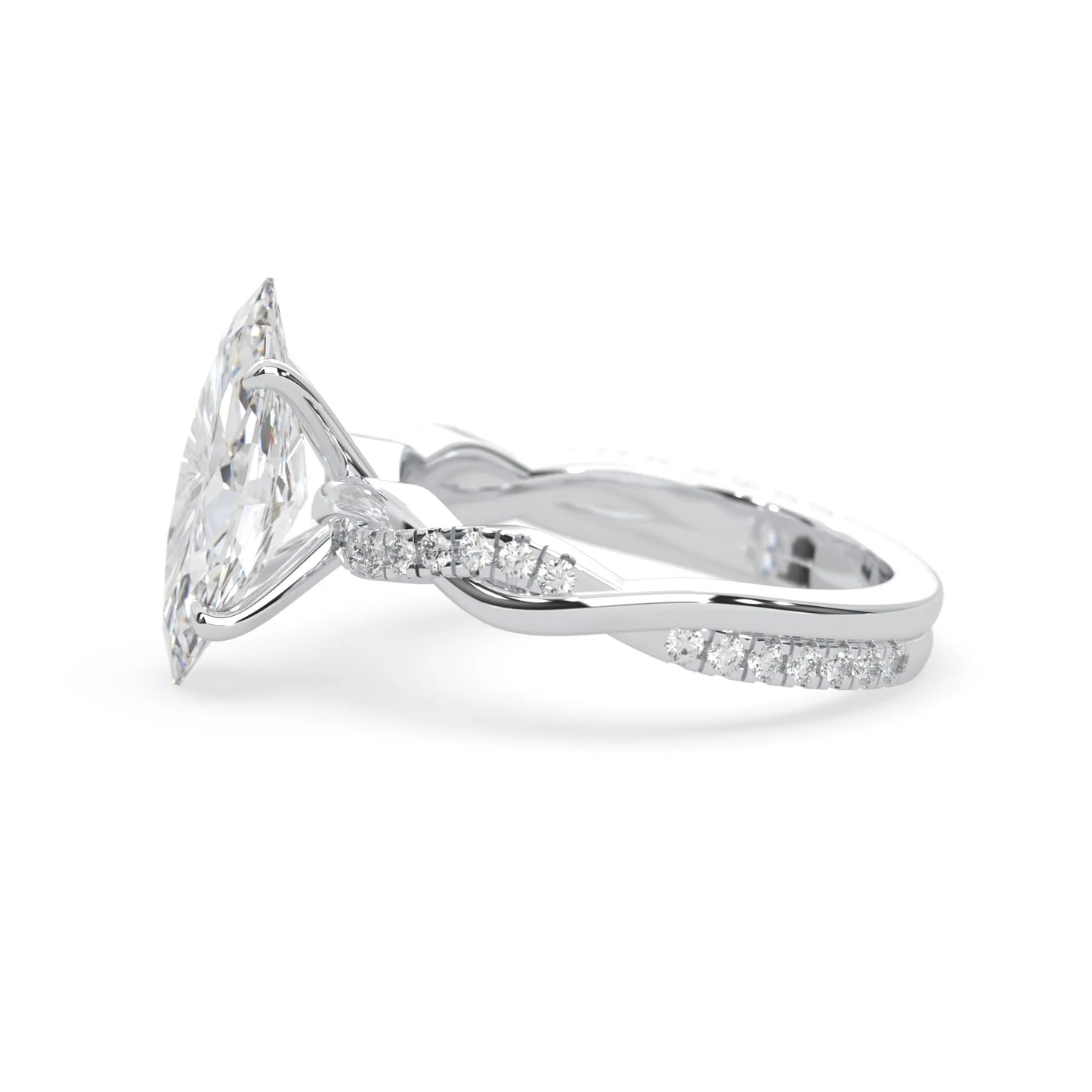 marquise brilliant lab grown diamond engagement ring with prong setting and twisted pavé diamond band in white gold tone
