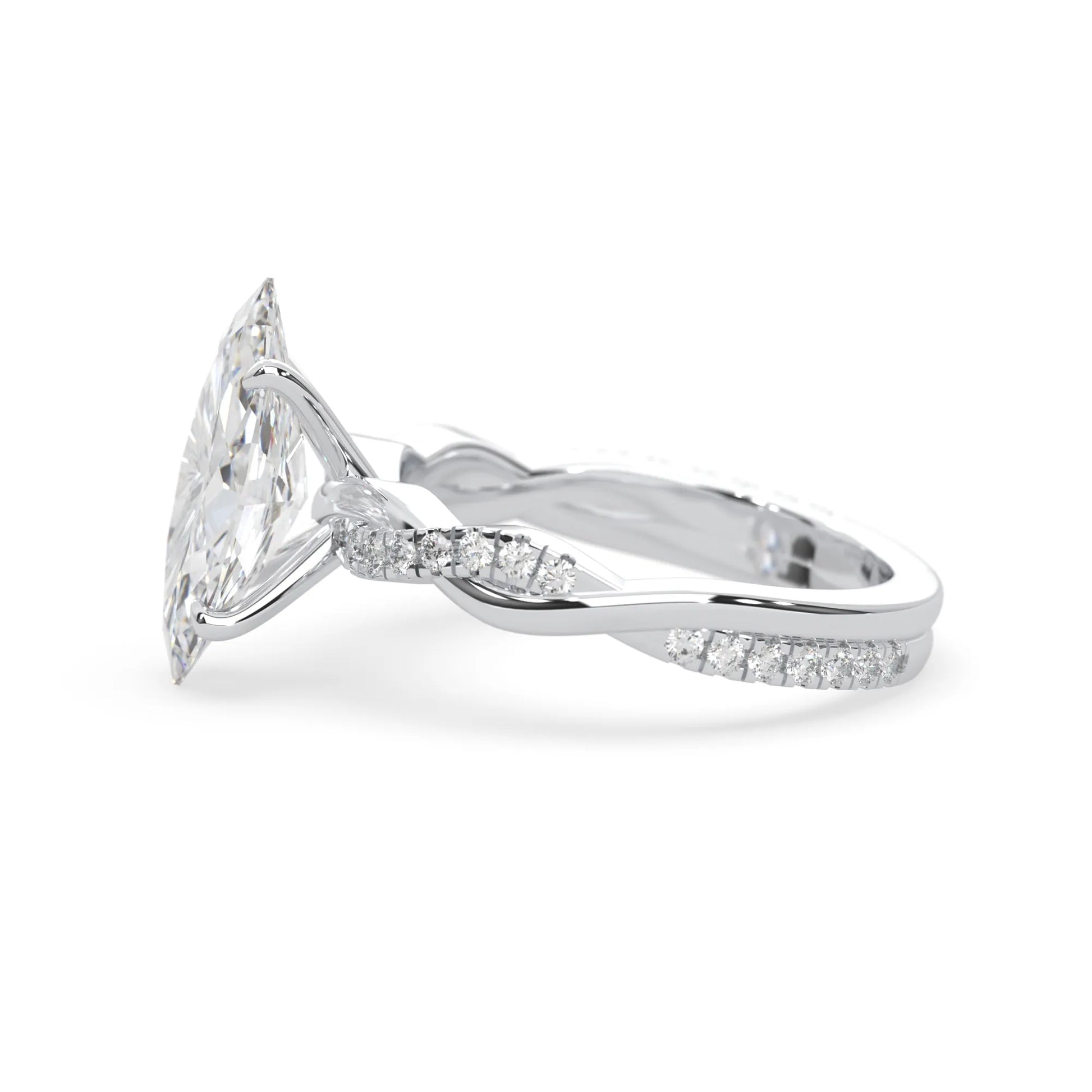 marquise brilliant lab grown diamond engagement ring with prong setting and twisted pavé diamond band in white gold tone