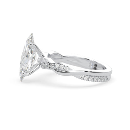 marquise brilliant lab grown diamond engagement ring with prong setting and twisted pavé diamond band in white gold tone