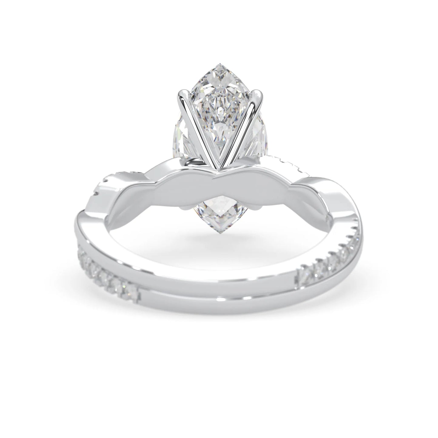 marquise brilliant lab grown diamond engagement ring with prong setting and twisted pavé diamond band in white gold tone