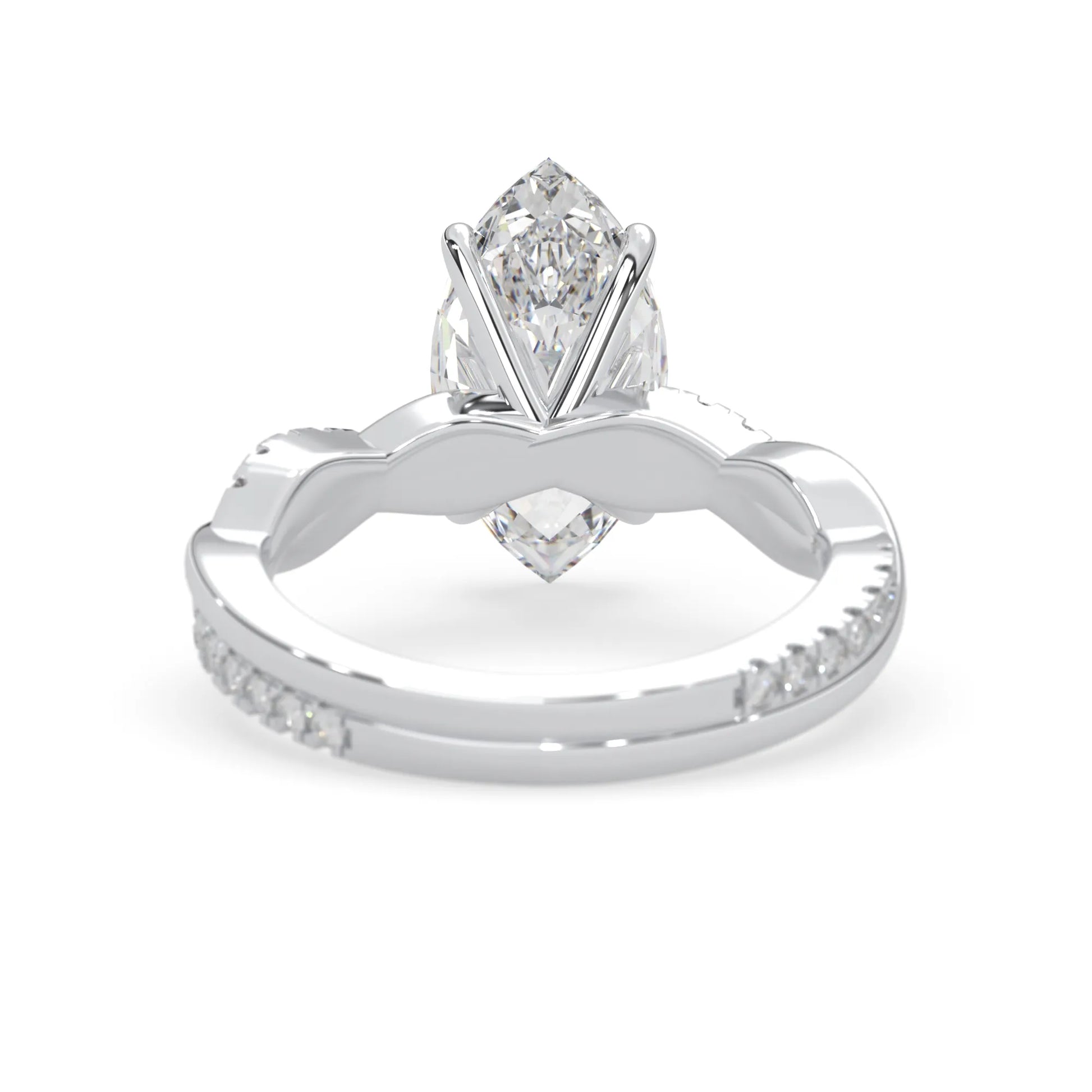 marquise brilliant lab grown diamond engagement ring with prong setting and twisted pavé diamond band in white gold tone
