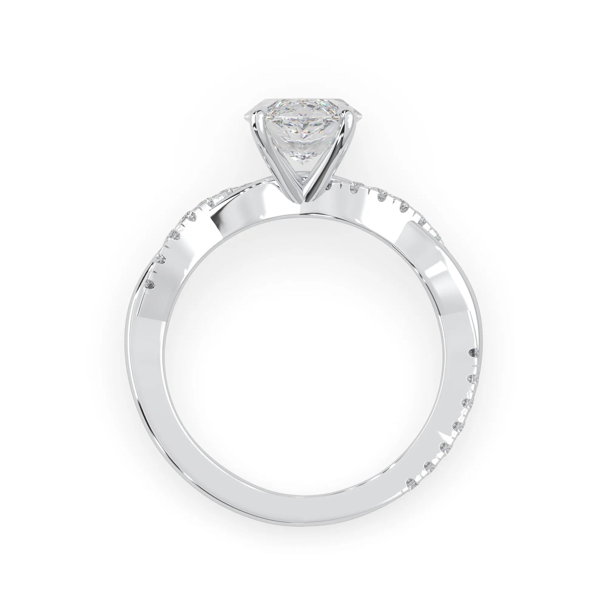 marquise brilliant lab grown diamond engagement ring with prong setting and twisted pavé diamond band in white gold tone