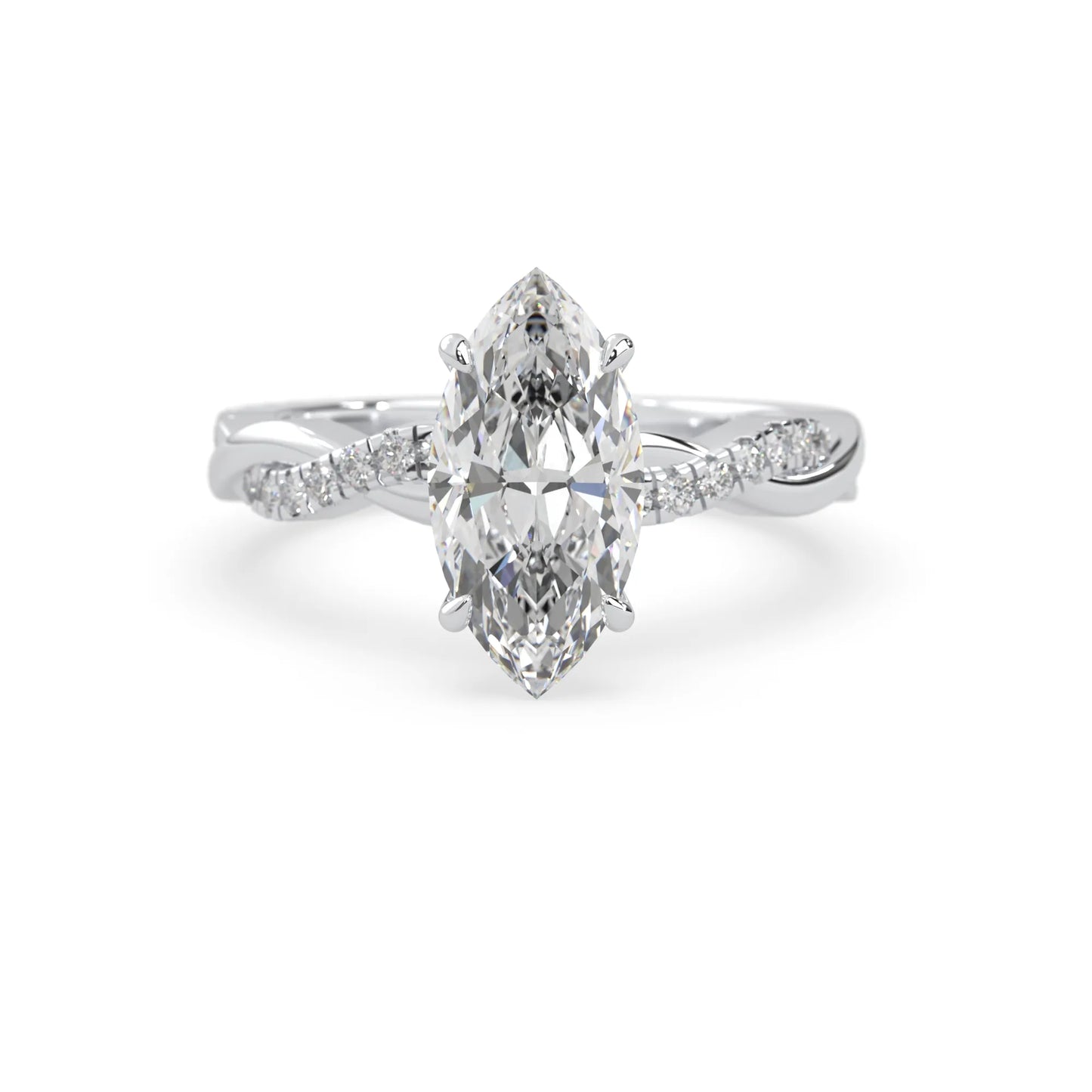 marquise brilliant lab grown diamond engagement ring with prong setting and twisted pavé diamond band in white gold tone