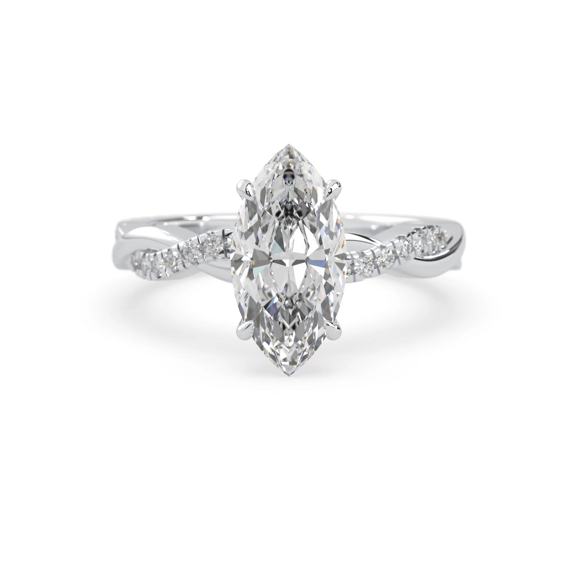 marquise brilliant lab grown diamond engagement ring with prong setting and twisted pavé diamond band in white gold tone