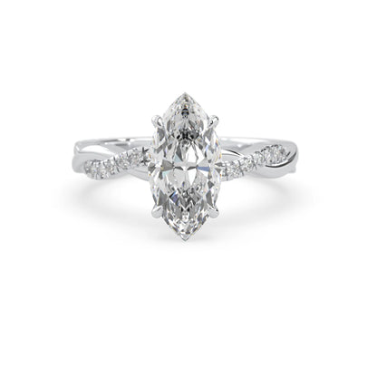 marquise brilliant lab grown diamond engagement ring with prong setting and twisted pavé diamond band in white gold tone