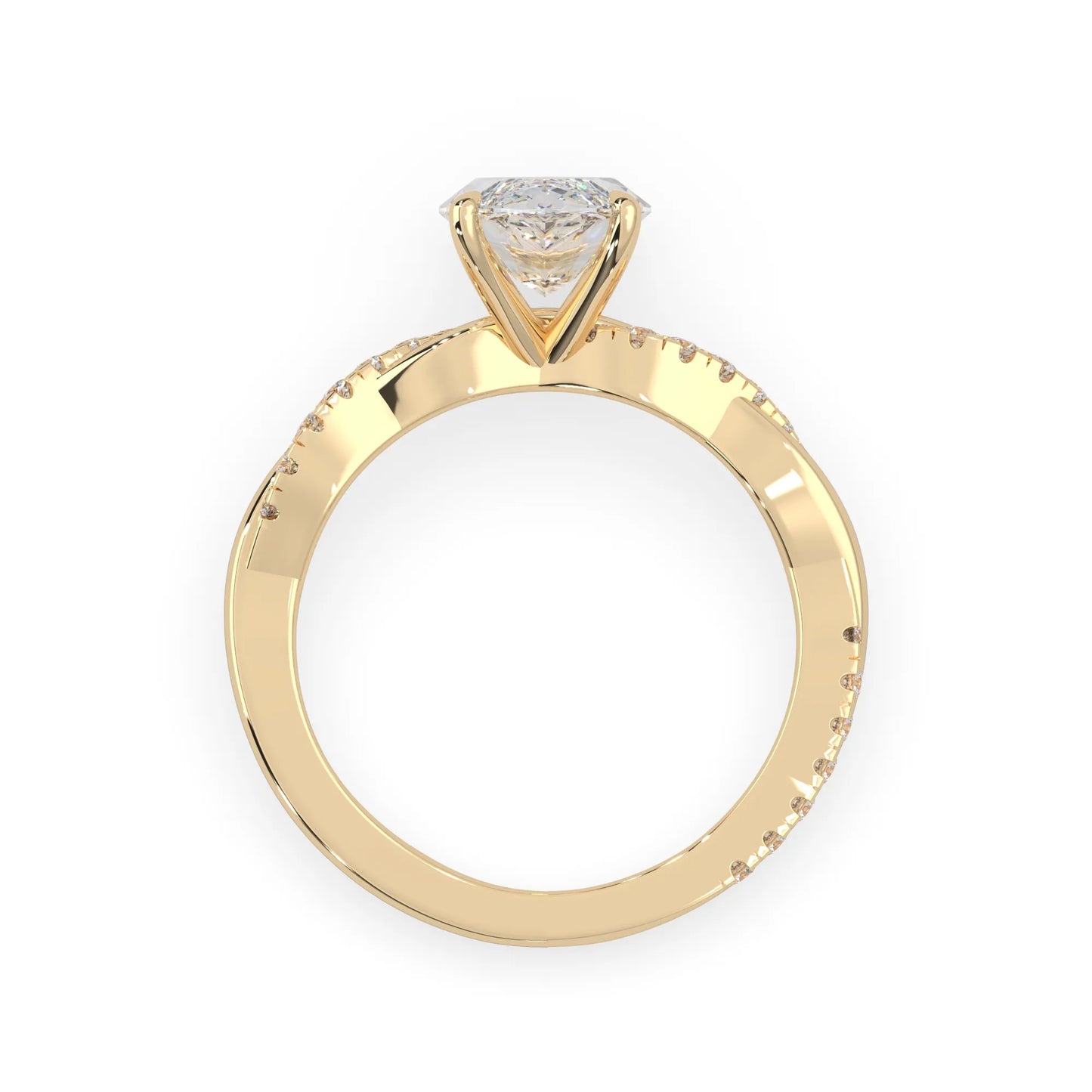 marquise brilliant lab grown diamond engagement ring with prong setting and twisted pavé diamond band in yellow gold tone