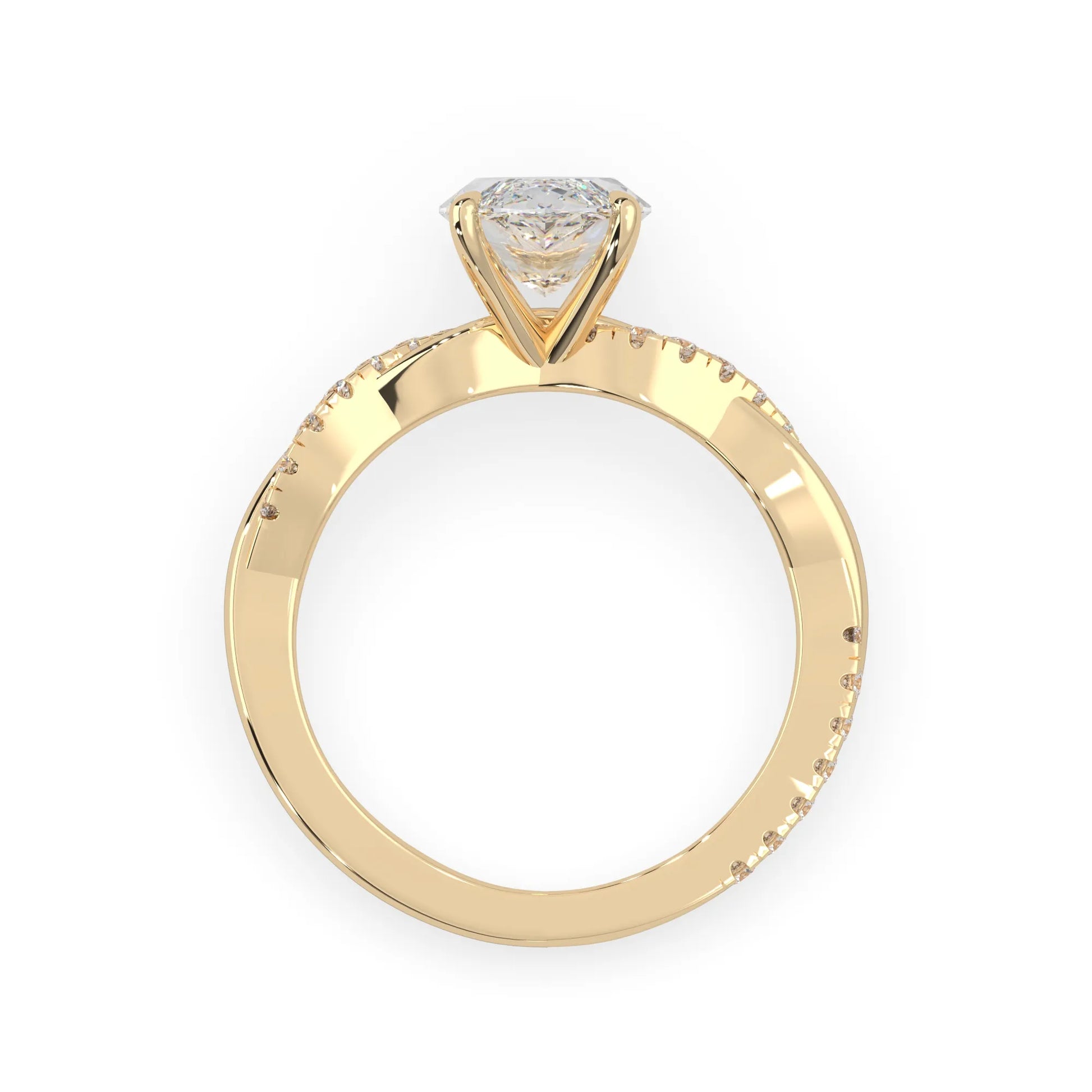 marquise brilliant lab grown diamond engagement ring with prong setting and twisted pavé diamond band in yellow gold tone