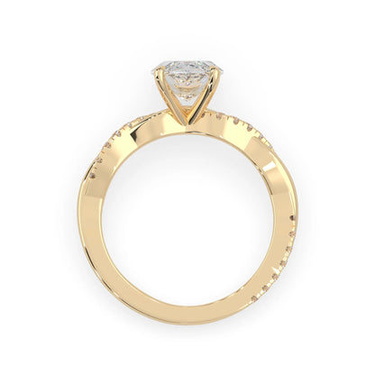 marquise brilliant lab grown diamond engagement ring with prong setting and twisted pavé diamond band in yellow gold tone