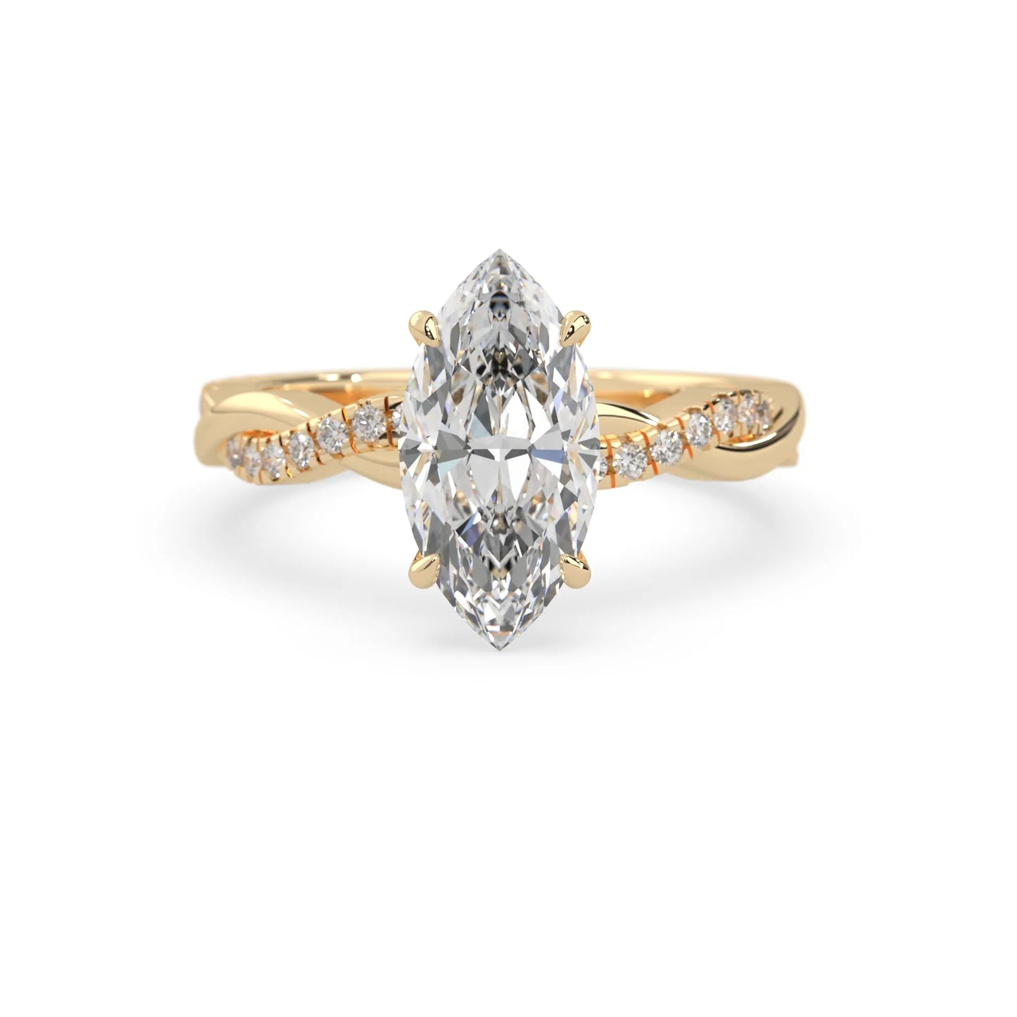 marquise brilliant lab grown diamond engagement ring with prong setting and twisted pavé diamond band in yellow gold tone
