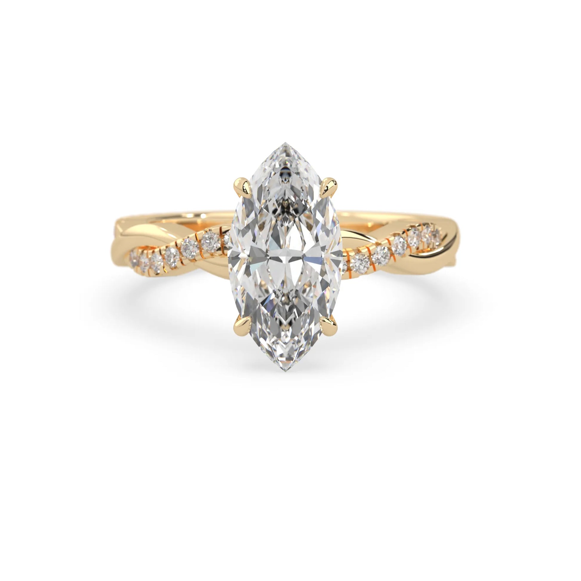 marquise brilliant lab grown diamond engagement ring with prong setting and twisted pavé diamond band in yellow gold tone