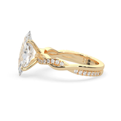 marquise brilliant lab grown diamond engagement ring with prong setting and twisted pavé diamond band in yellow gold tone